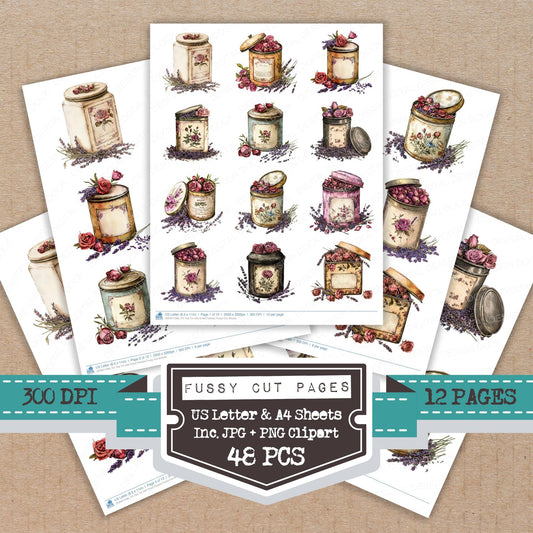 Tea Tin with Dried Flowers fussy cut printable sheets for junk journaling, scrapbooking, and paper craft projects