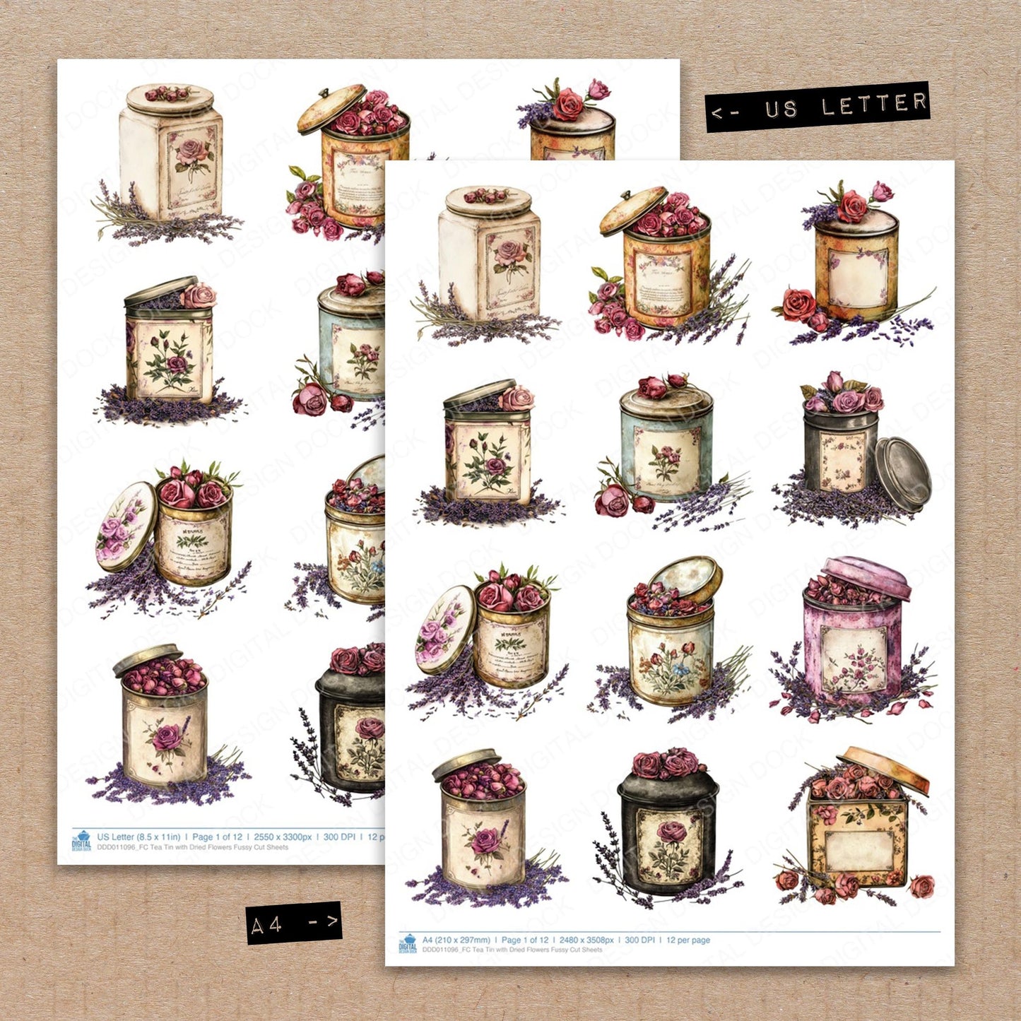 A4 and US Letter format comparison showing Tea Tin with Dried Flowers fussy cut pages for print and cut crafting