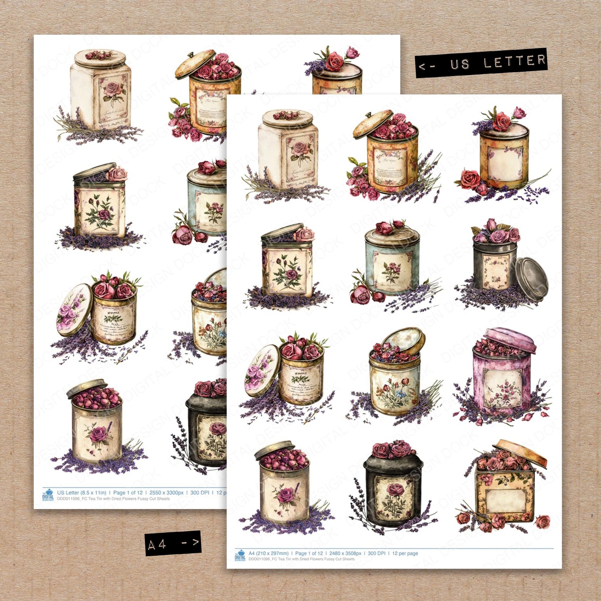 A4 and US Letter format comparison showing Tea Tin with Dried Flowers fussy cut pages for print and cut crafting