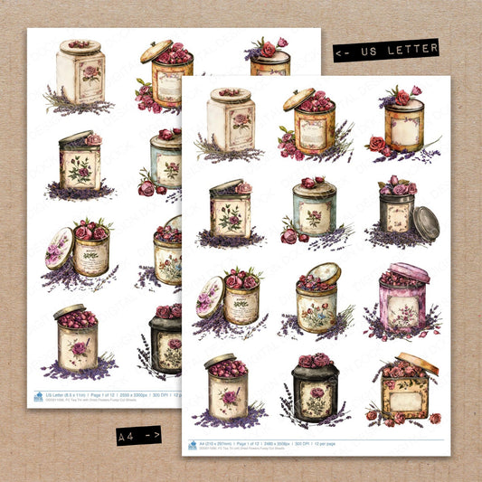 A4 and US Letter format comparison showing Tea Tin with Dried Flowers fussy cut pages for print and cut crafting
