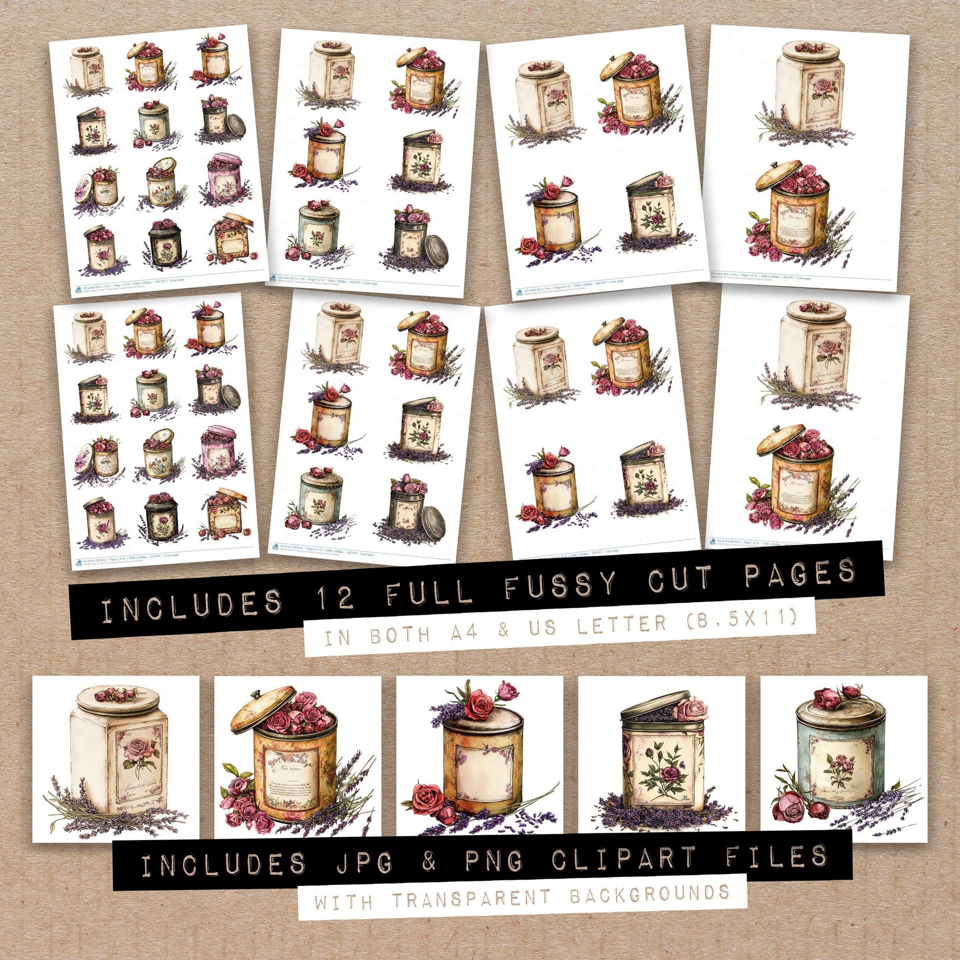 Full collection view of Tea Tin with Dried Flowers fussy cut sheets with bonus clipart JPG and PNG files
