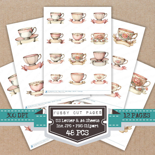 Teacup Banner fussy cut printable sheets for junk journaling, scrapbooking, and paper craft projects