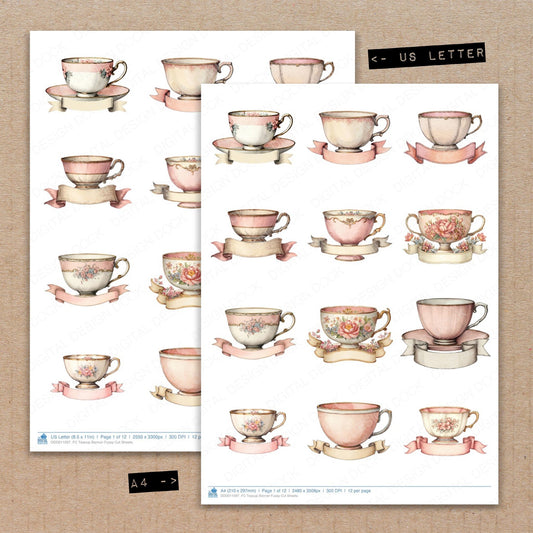 A4 and US Letter format comparison showing Teacup Banner fussy cut pages for print and cut crafting