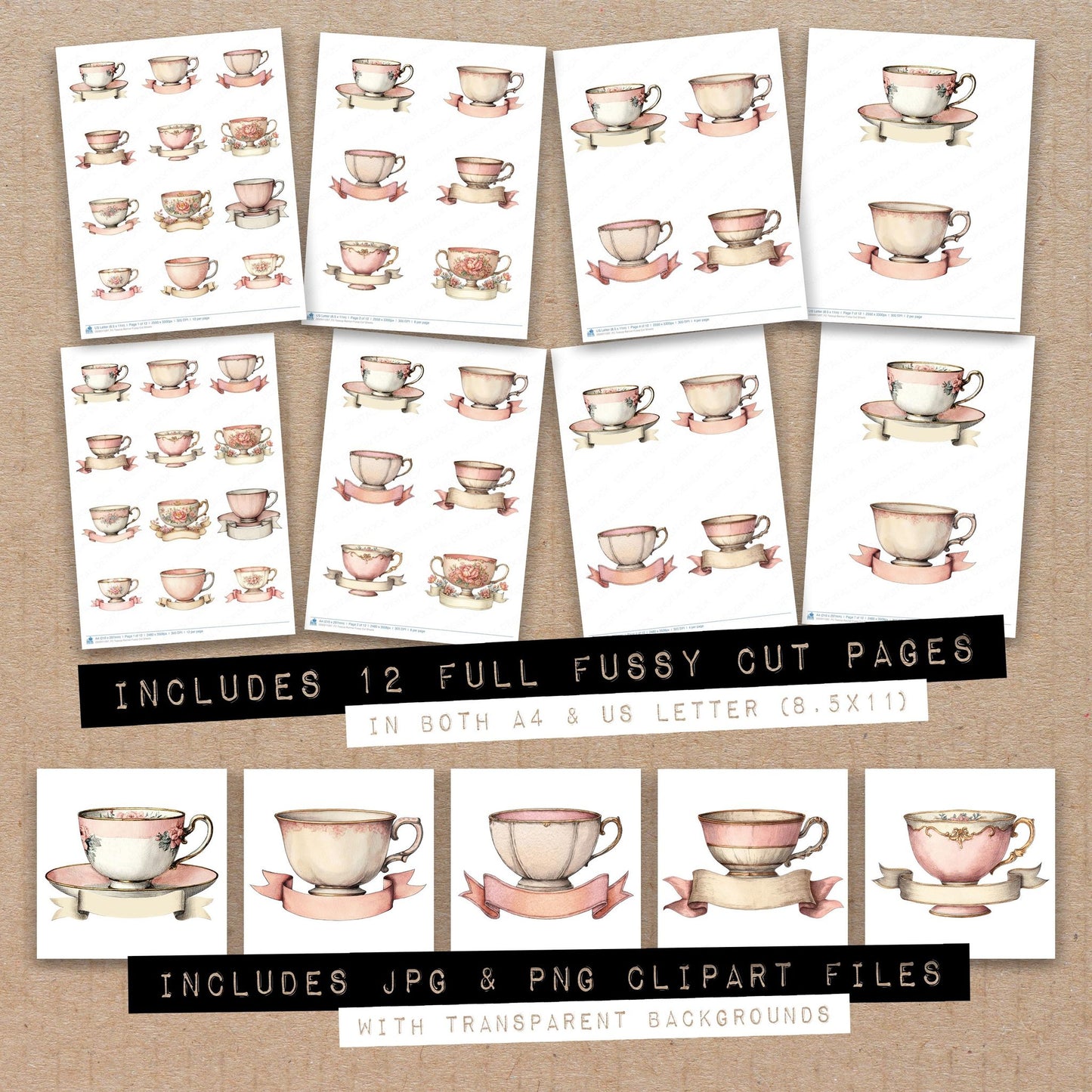 Full collection view of Teacup Banner fussy cut sheets with bonus clipart JPG and PNG files