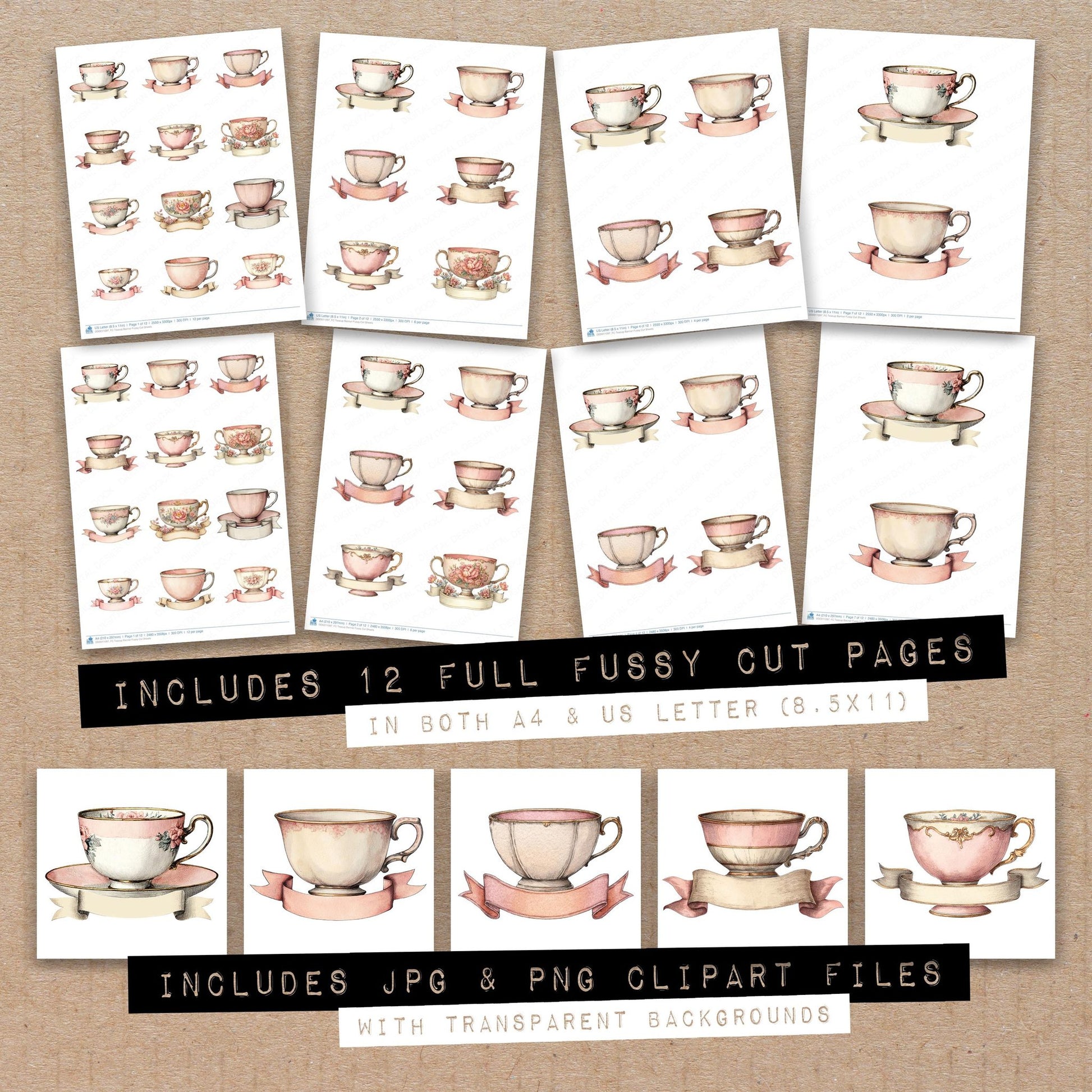 Full collection view of Teacup Banner fussy cut sheets with bonus clipart JPG and PNG files