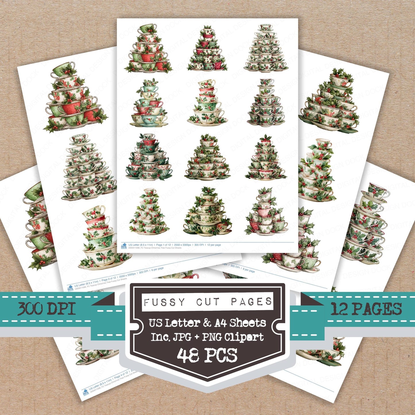 Teacup Christmas Tree fussy cut printable sheets for junk journaling, scrapbooking, and paper craft projects