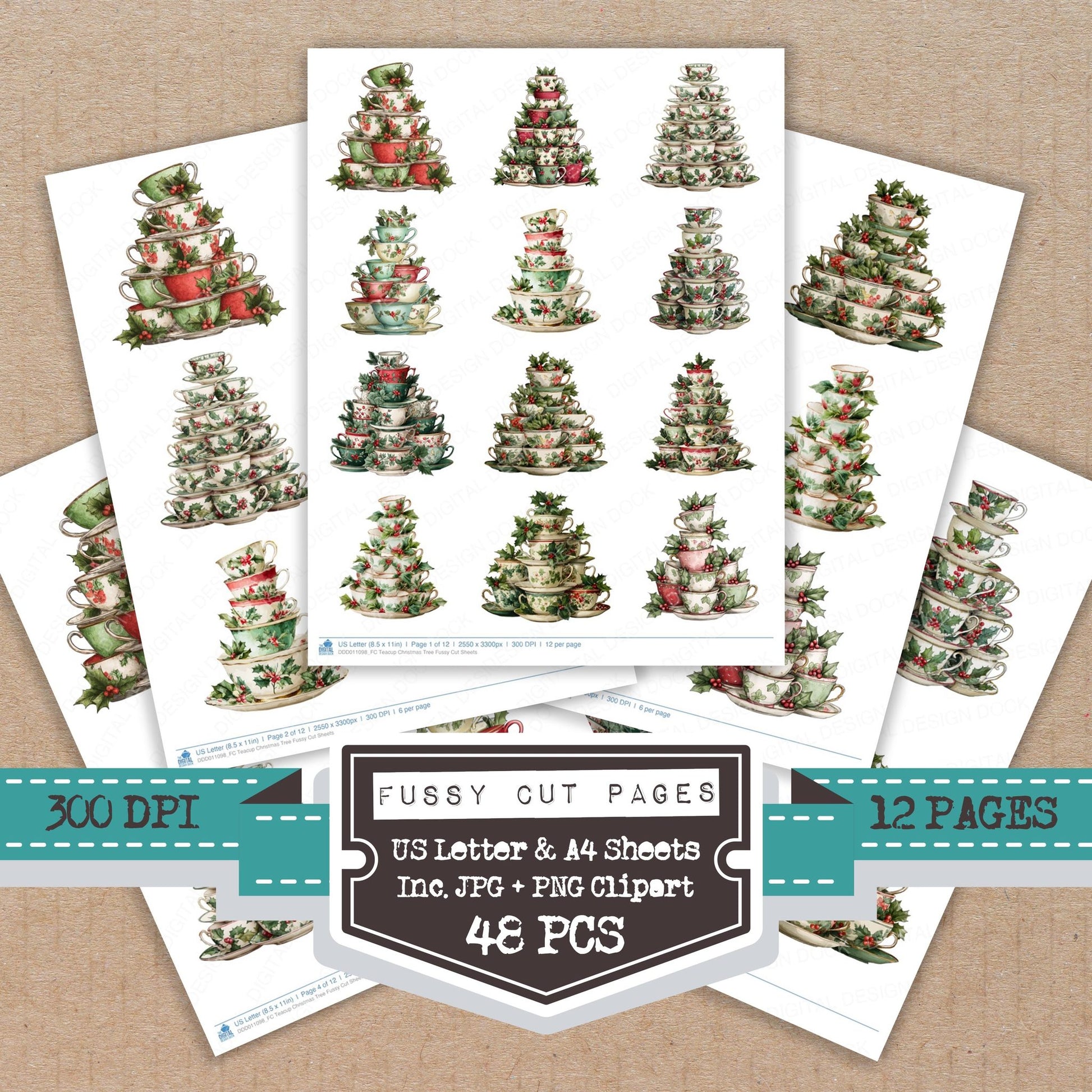 Teacup Christmas Tree fussy cut printable sheets for junk journaling, scrapbooking, and paper craft projects