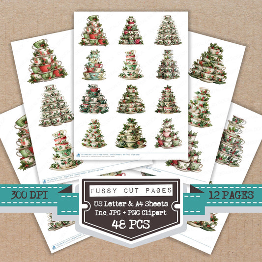 Teacup Christmas Tree fussy cut printable sheets for junk journaling, scrapbooking, and paper craft projects