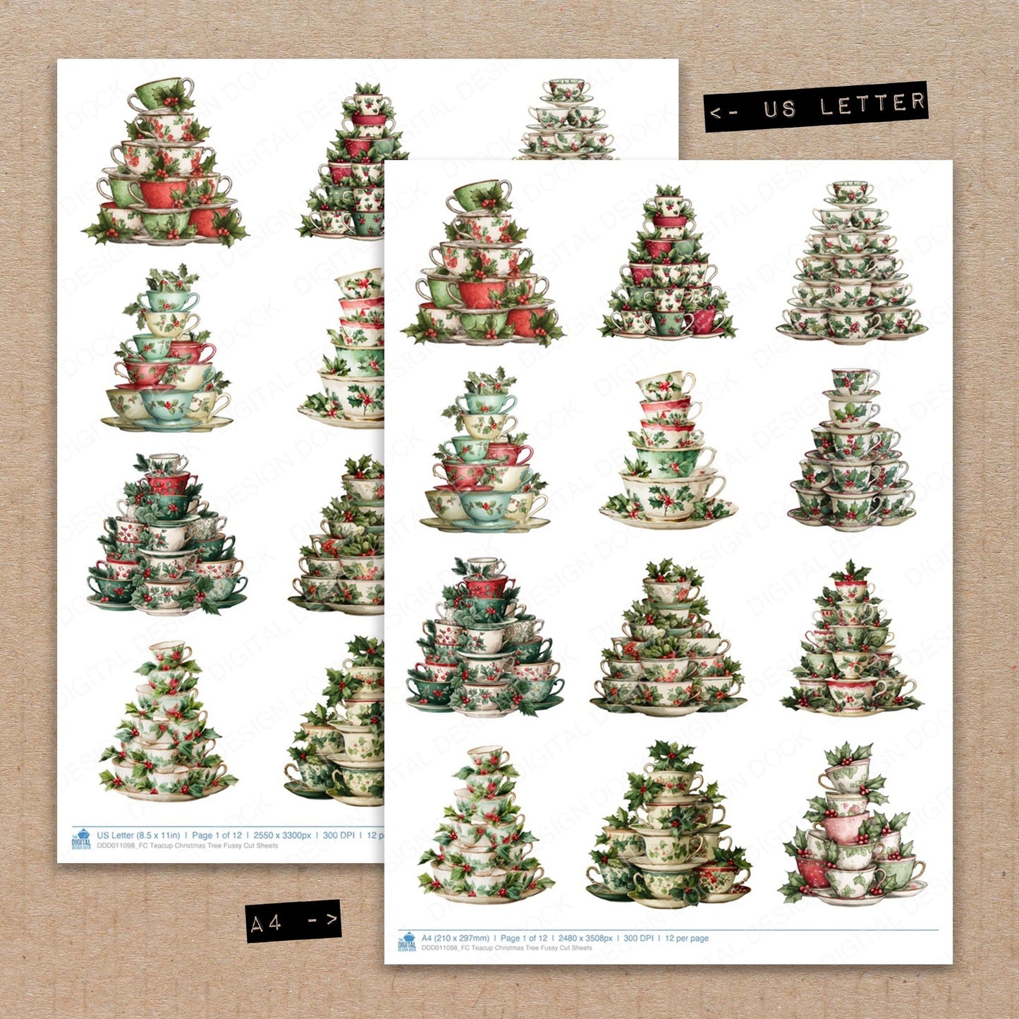 A4 and US Letter format comparison showing Teacup Christmas Tree fussy cut pages for print and cut crafting