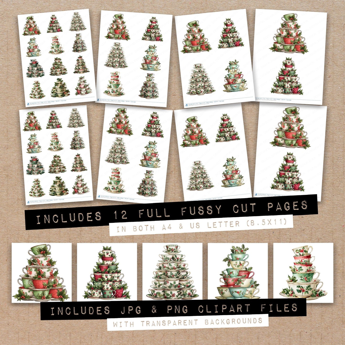 Full collection view of Teacup Christmas Tree fussy cut sheets with bonus clipart JPG and PNG files