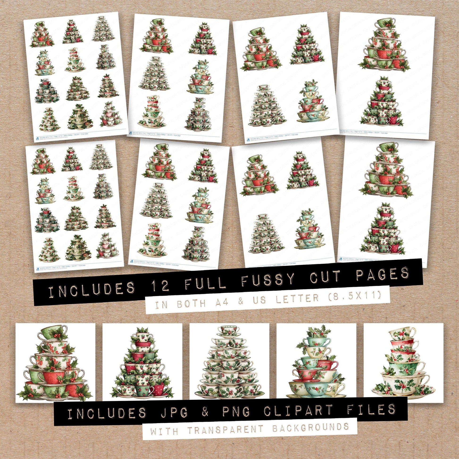 Full collection view of Teacup Christmas Tree fussy cut sheets with bonus clipart JPG and PNG files