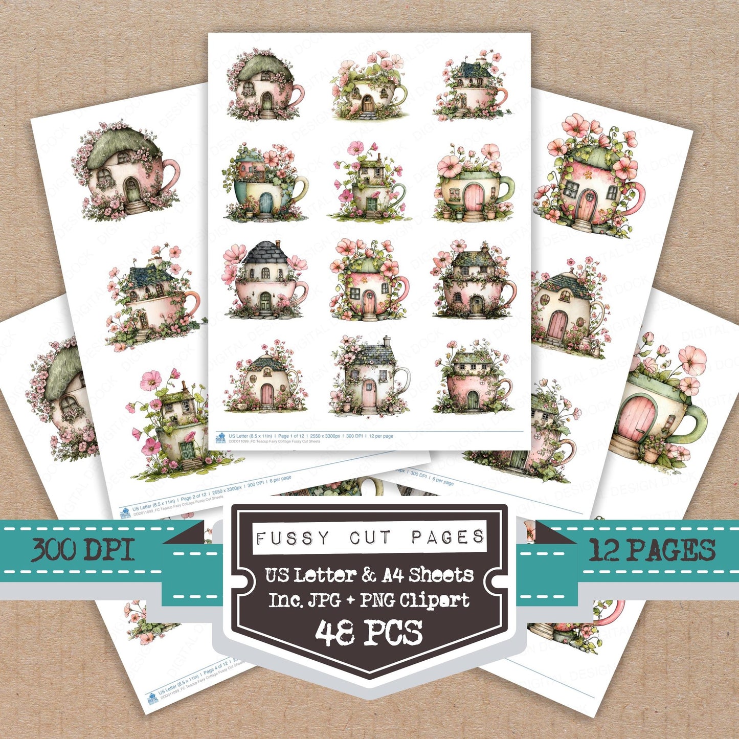 Teacup Fairy Cottage fussy cut printable sheets for junk journaling, scrapbooking, and paper craft projects