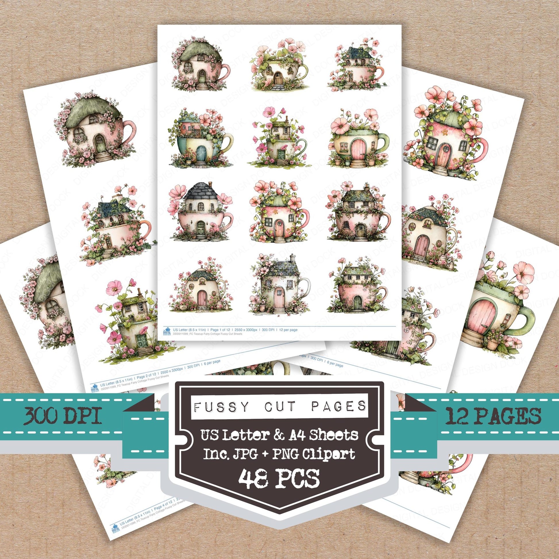 Teacup Fairy Cottage fussy cut printable sheets for junk journaling, scrapbooking, and paper craft projects