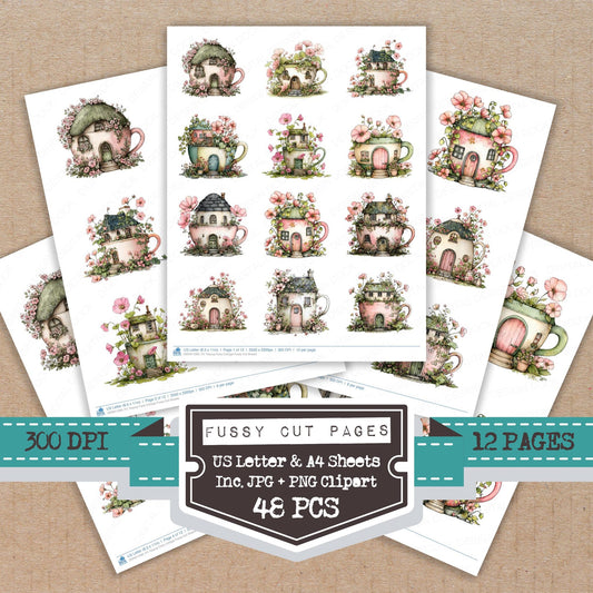 Teacup Fairy Cottage fussy cut printable sheets for junk journaling, scrapbooking, and paper craft projects