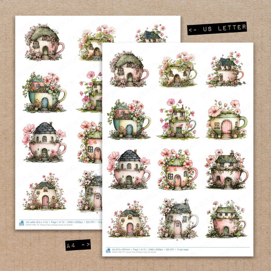 A4 and US Letter format comparison showing Teacup Fairy Cottage fussy cut pages for print and cut crafting