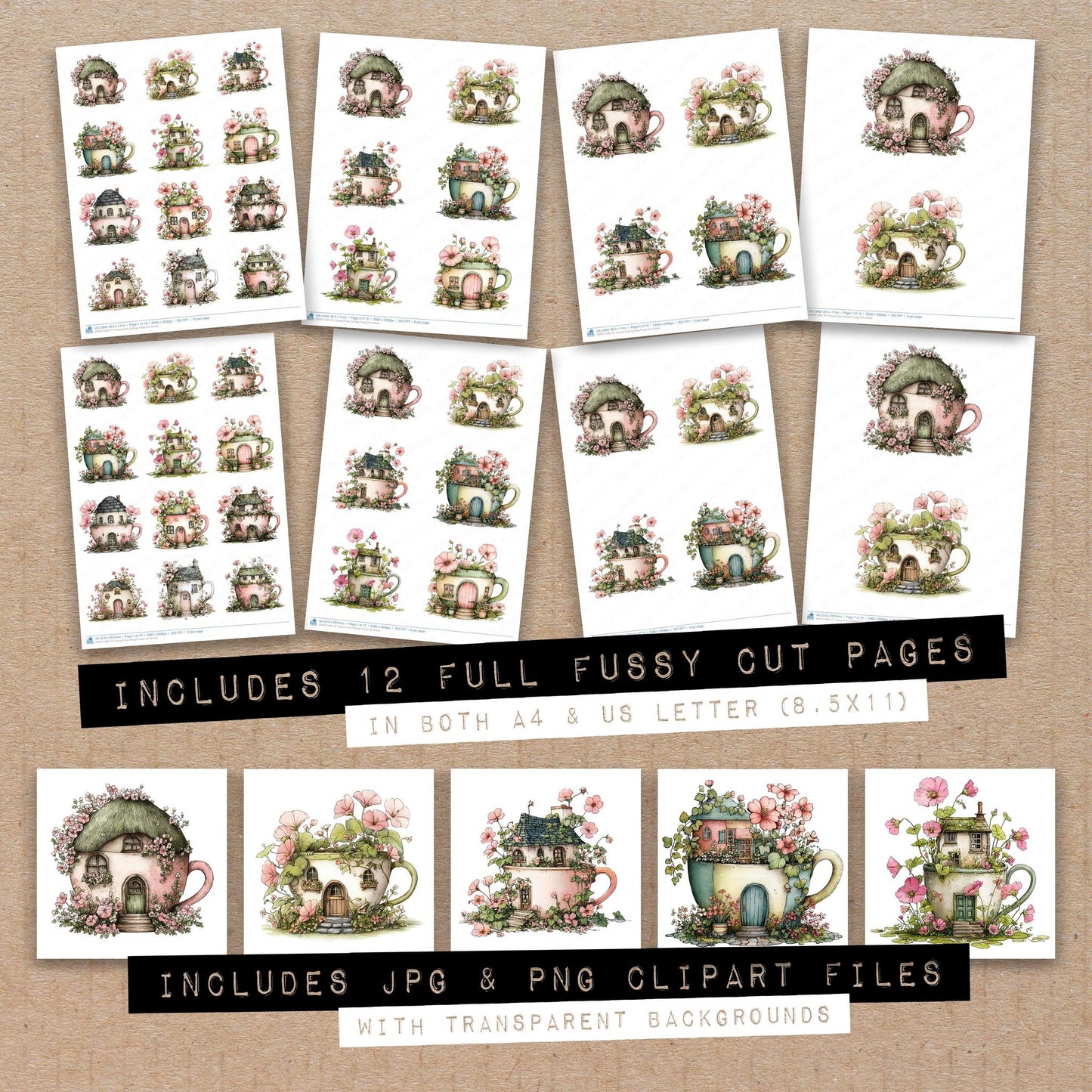 Full collection view of Teacup Fairy Cottage fussy cut sheets with bonus clipart JPG and PNG files