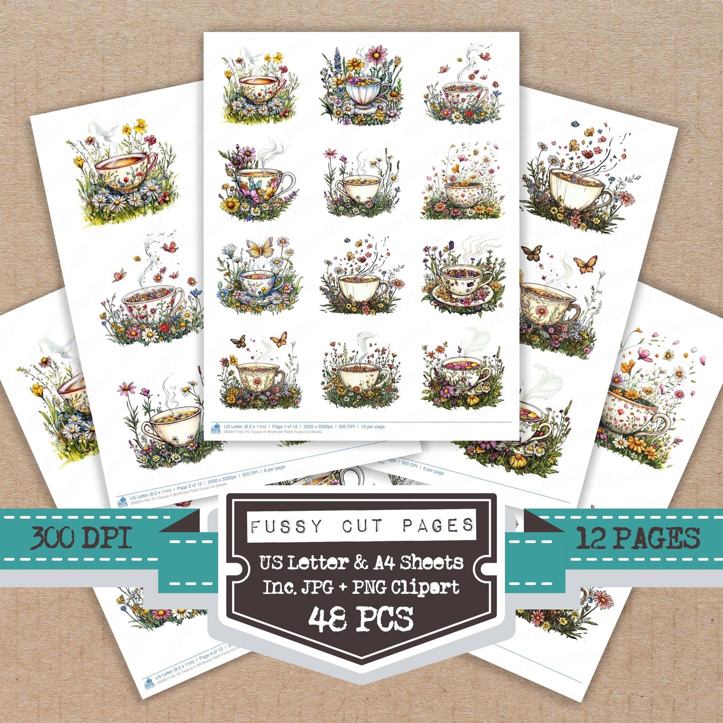 Teacup in Wildflower Patch fussy cut printable sheets for junk journaling, scrapbooking, and paper craft projects