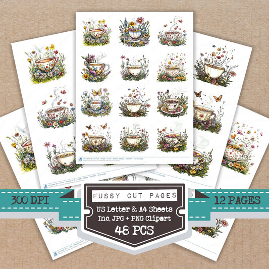 Teacup in Wildflower Patch fussy cut printable sheets for junk journaling, scrapbooking, and paper craft projects