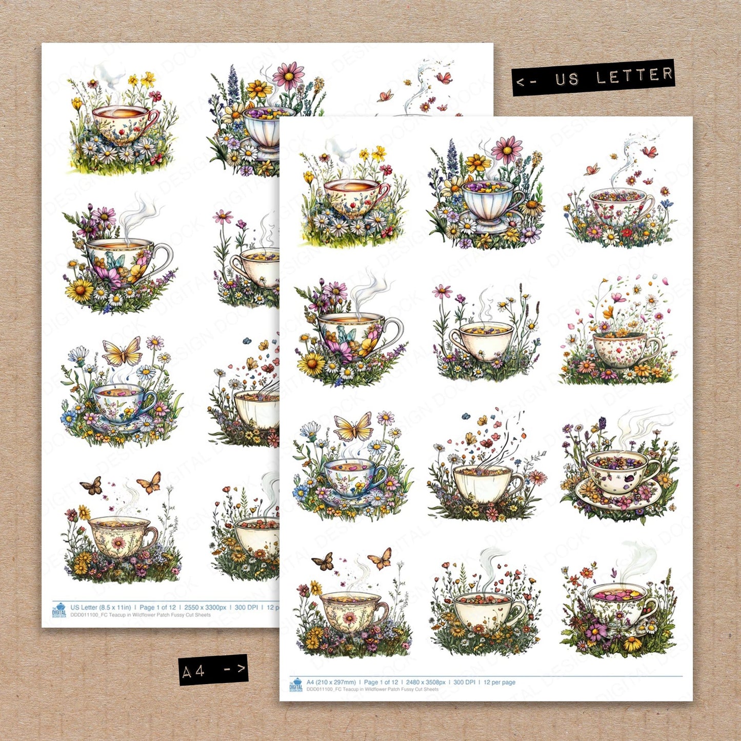 A4 and US Letter format comparison showing Teacup in Wildflower Patch fussy cut pages for print and cut crafting