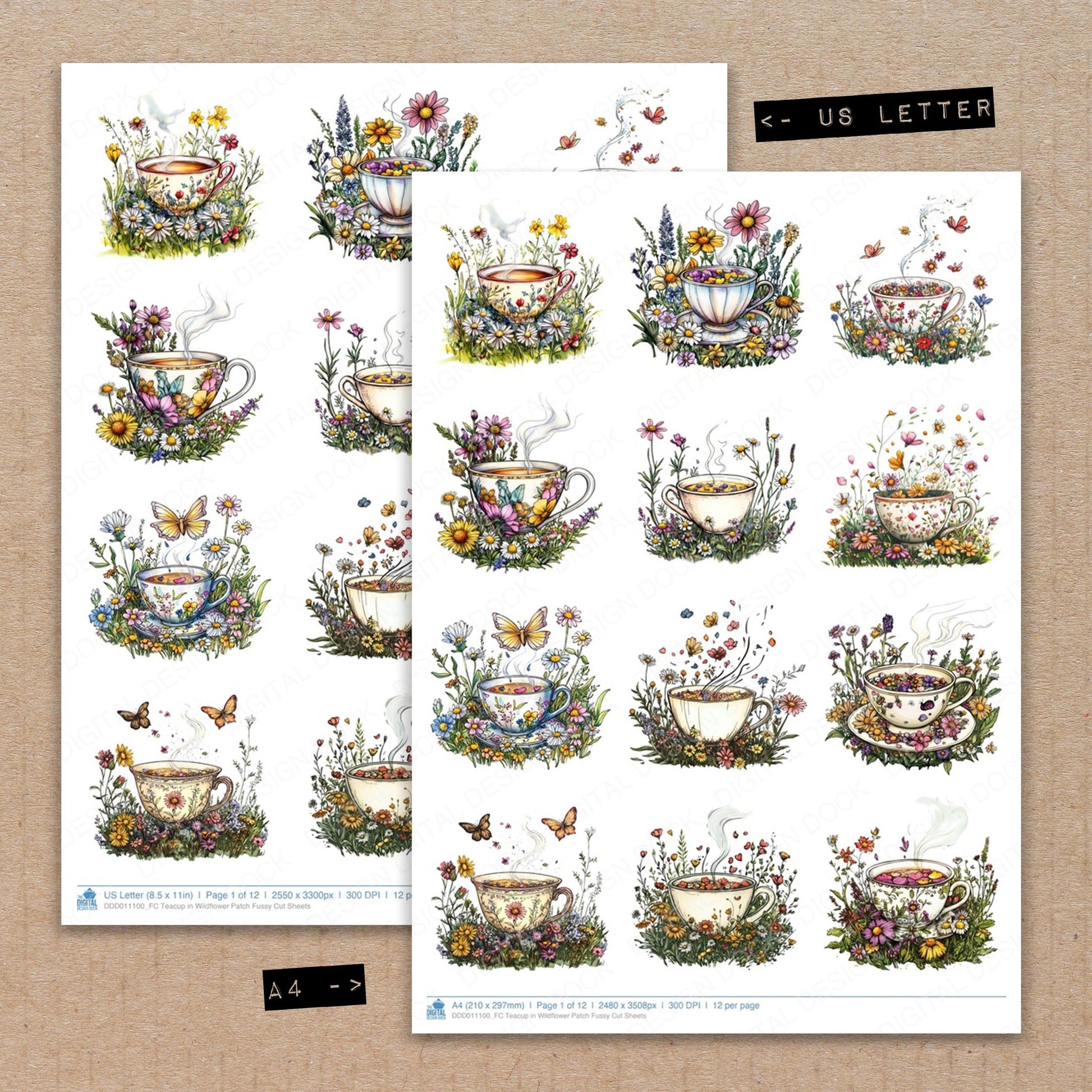 A4 and US Letter format comparison showing Teacup in Wildflower Patch fussy cut pages for print and cut crafting