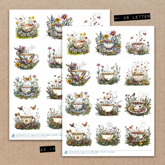 A4 and US Letter format comparison showing Teacup in Wildflower Patch fussy cut pages for print and cut crafting