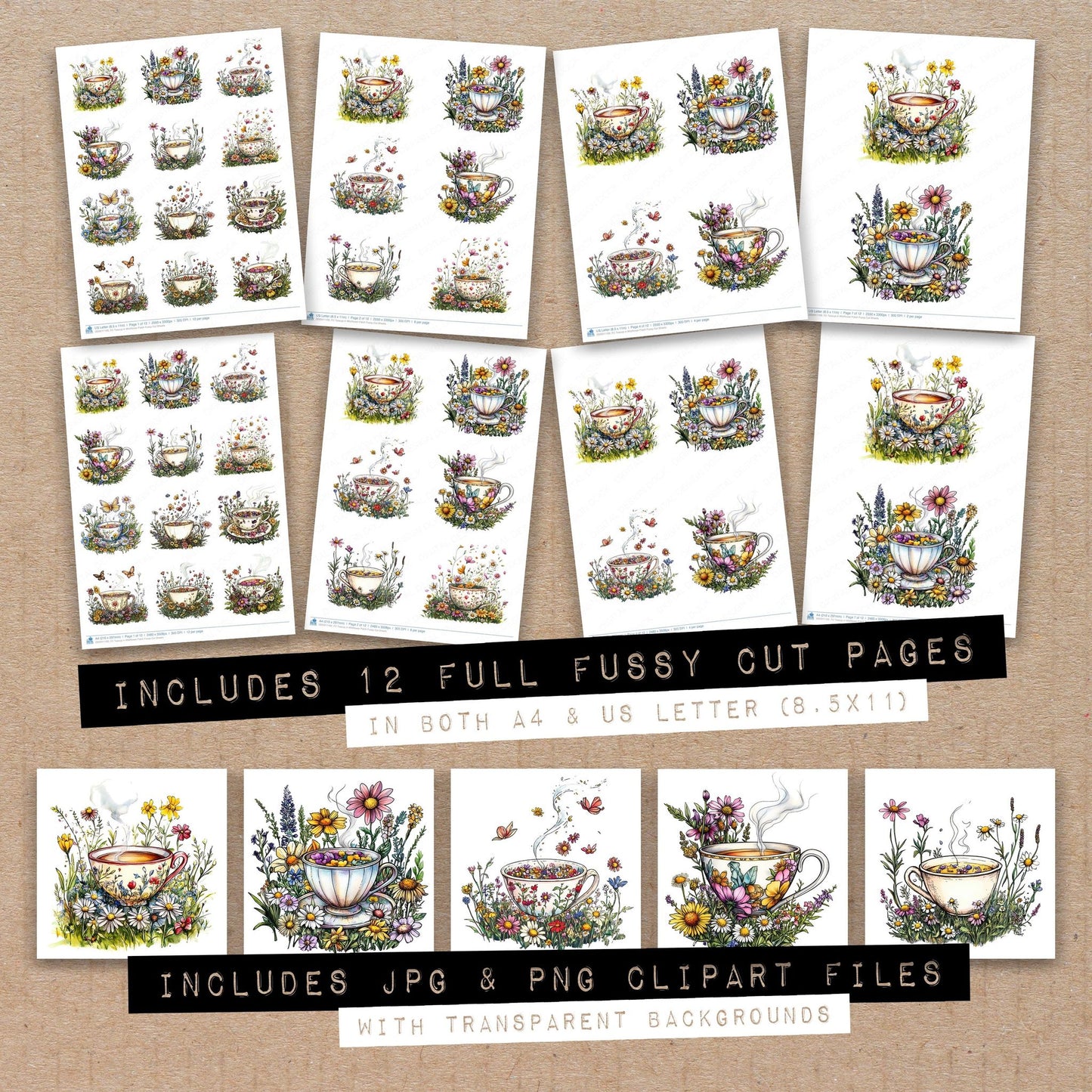 Full collection view of Teacup in Wildflower Patch fussy cut sheets with bonus clipart JPG and PNG files