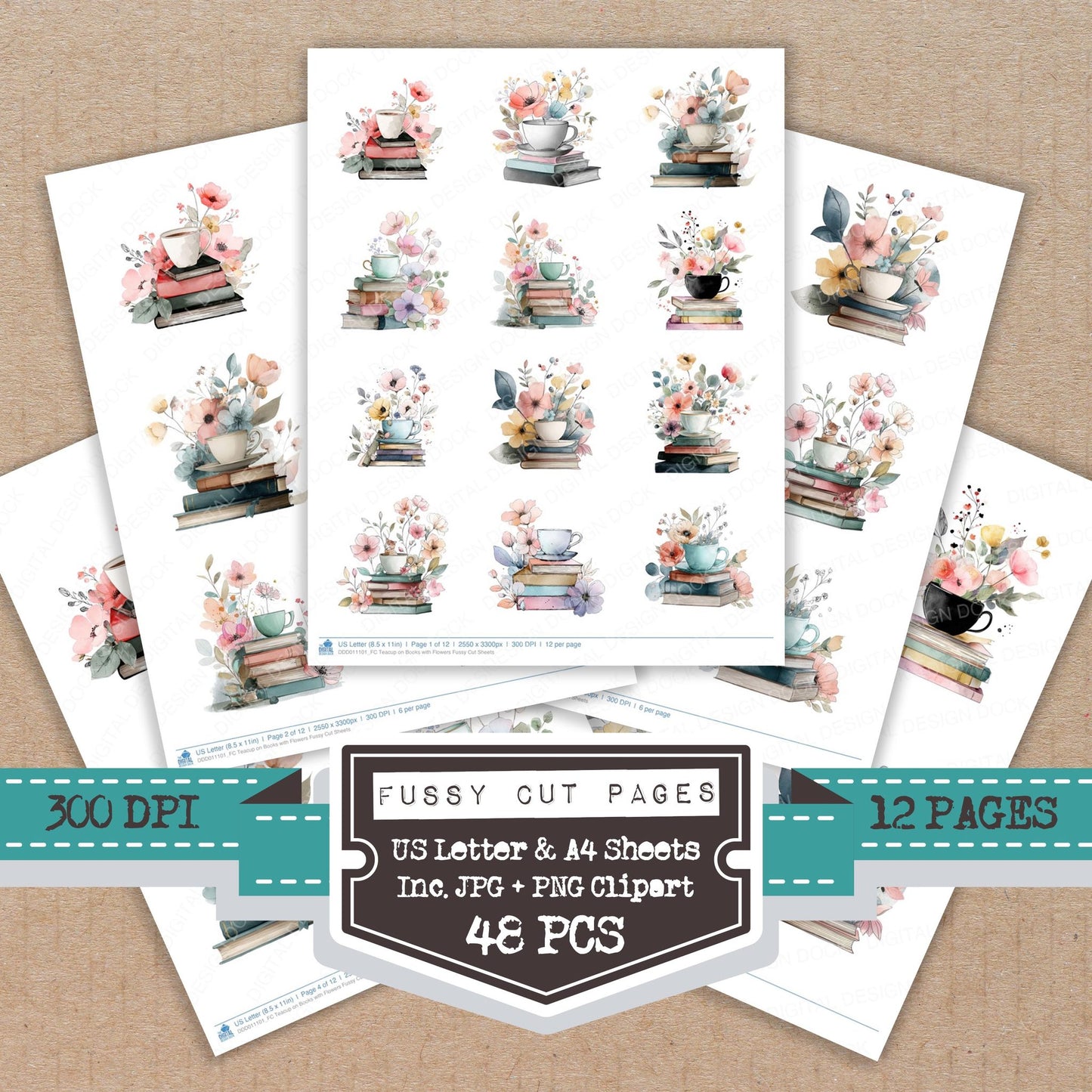 Teacup on Books with Flowers fussy cut printable sheets for junk journaling, scrapbooking, and paper craft projects