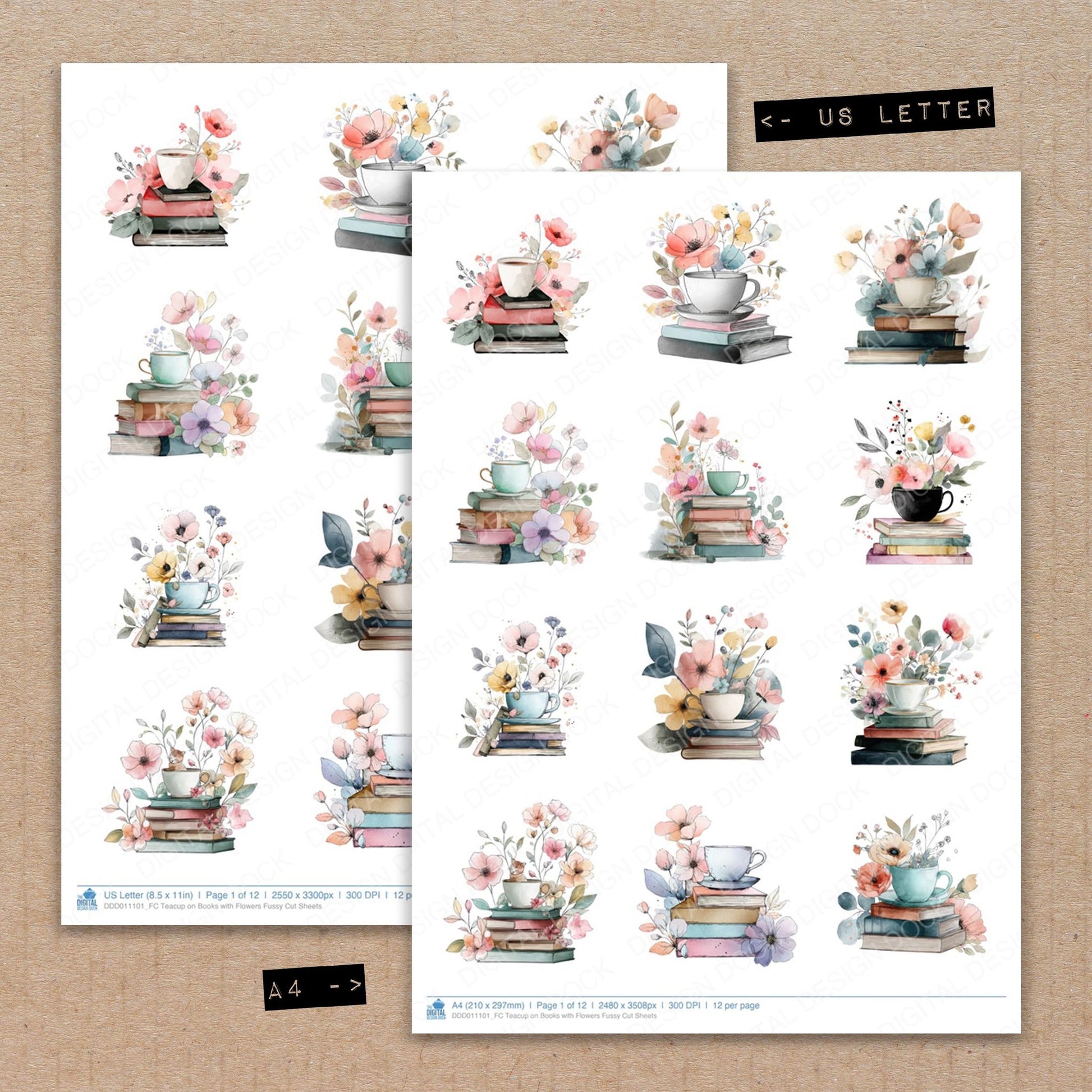 A4 and US Letter format comparison showing Teacup on Books with Flowers fussy cut pages for print and cut crafting