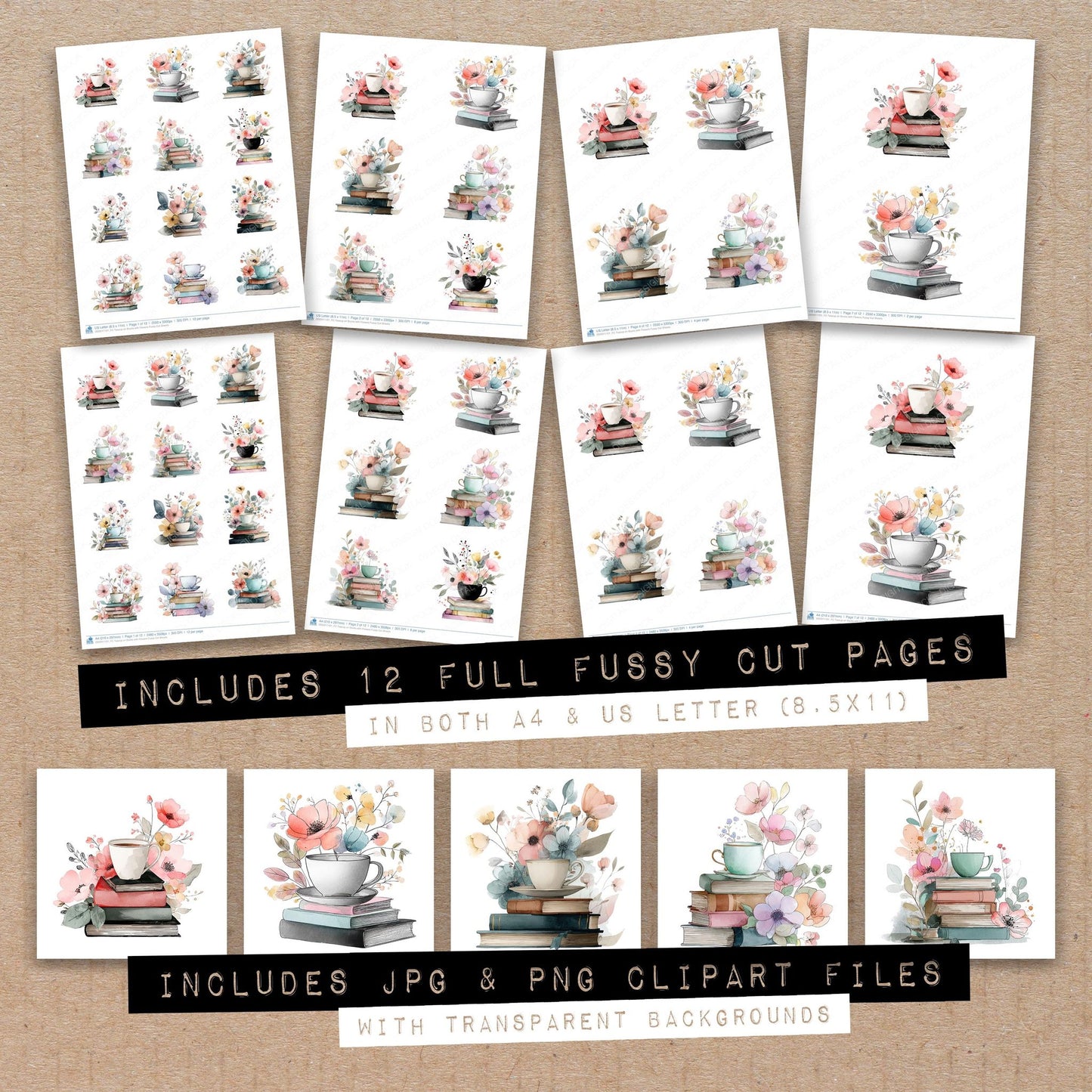 Full collection view of Teacup on Books with Flowers fussy cut sheets with bonus clipart JPG and PNG files