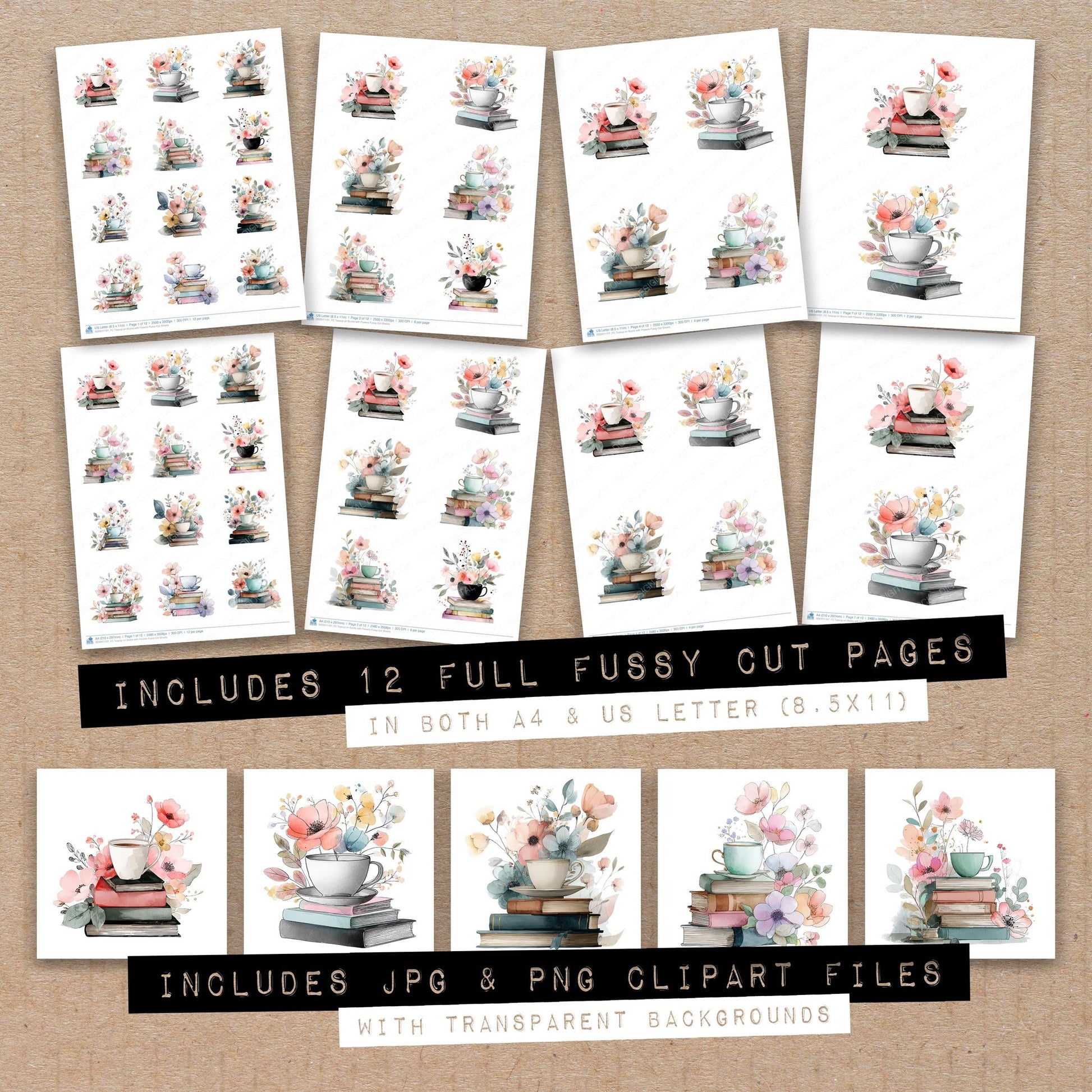 Full collection view of Teacup on Books with Flowers fussy cut sheets with bonus clipart JPG and PNG files
