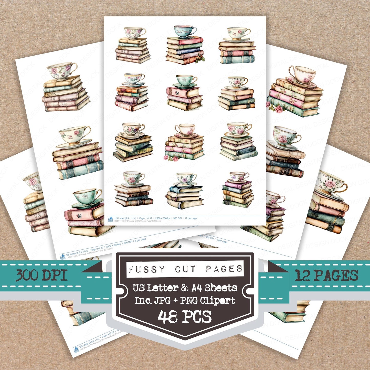Teacup on Storybooks fussy cut printable sheets for junk journaling, scrapbooking, and paper craft projects