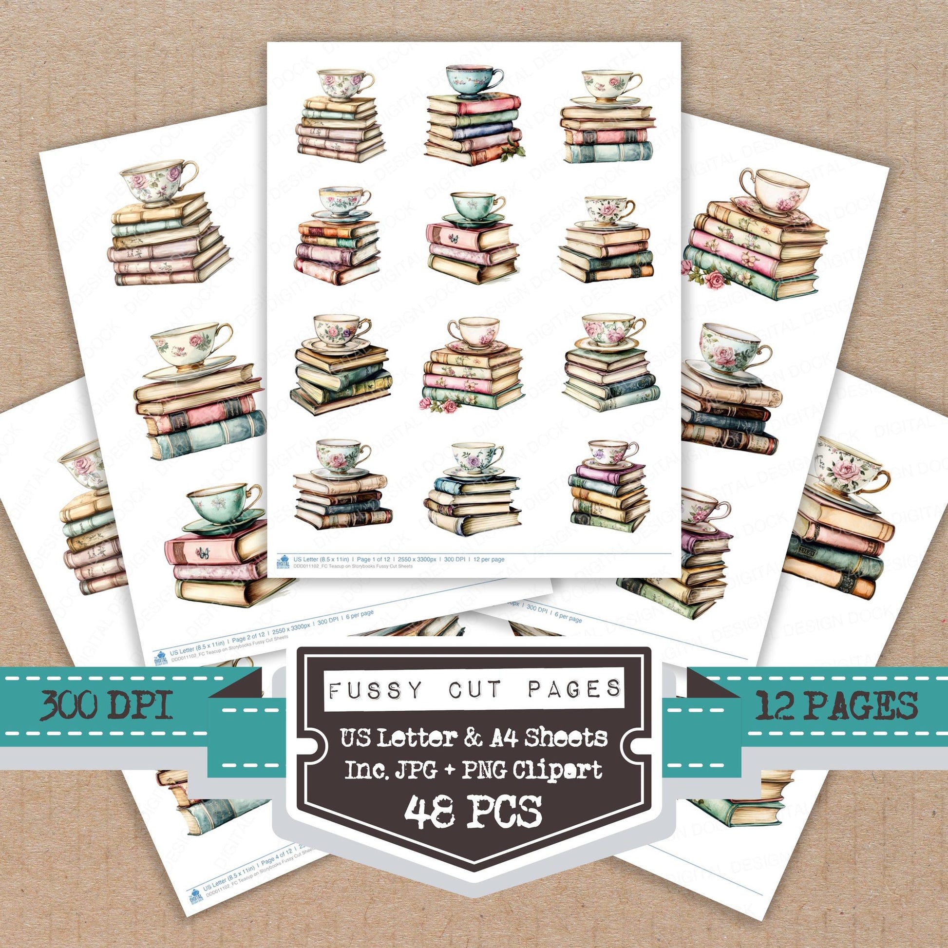 Teacup on Storybooks fussy cut printable sheets for junk journaling, scrapbooking, and paper craft projects