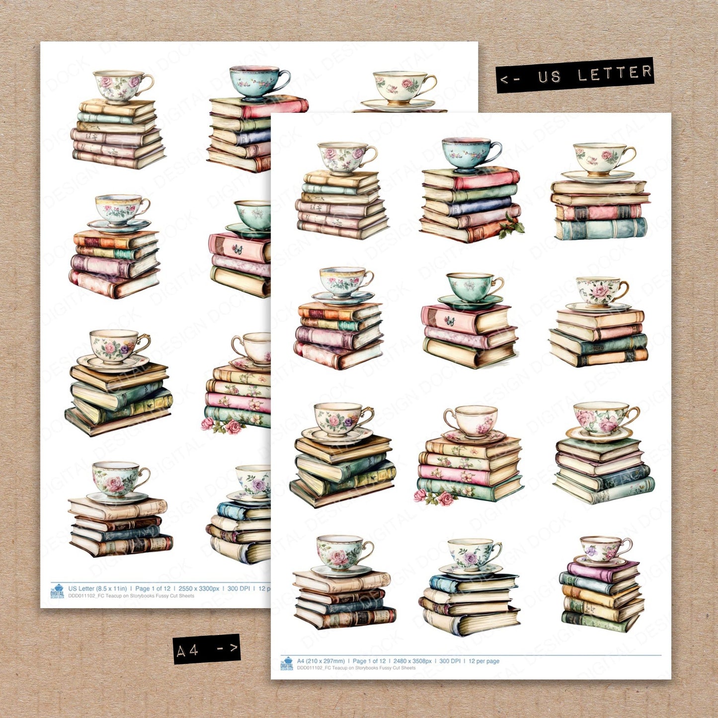 A4 and US Letter format comparison showing Teacup on Storybooks fussy cut pages for print and cut crafting