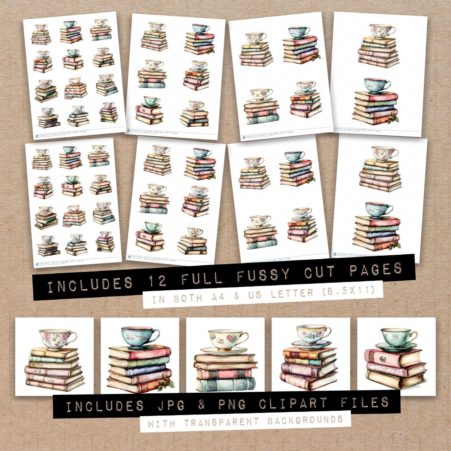 Full collection view of Teacup on Storybooks fussy cut sheets with bonus clipart JPG and PNG files