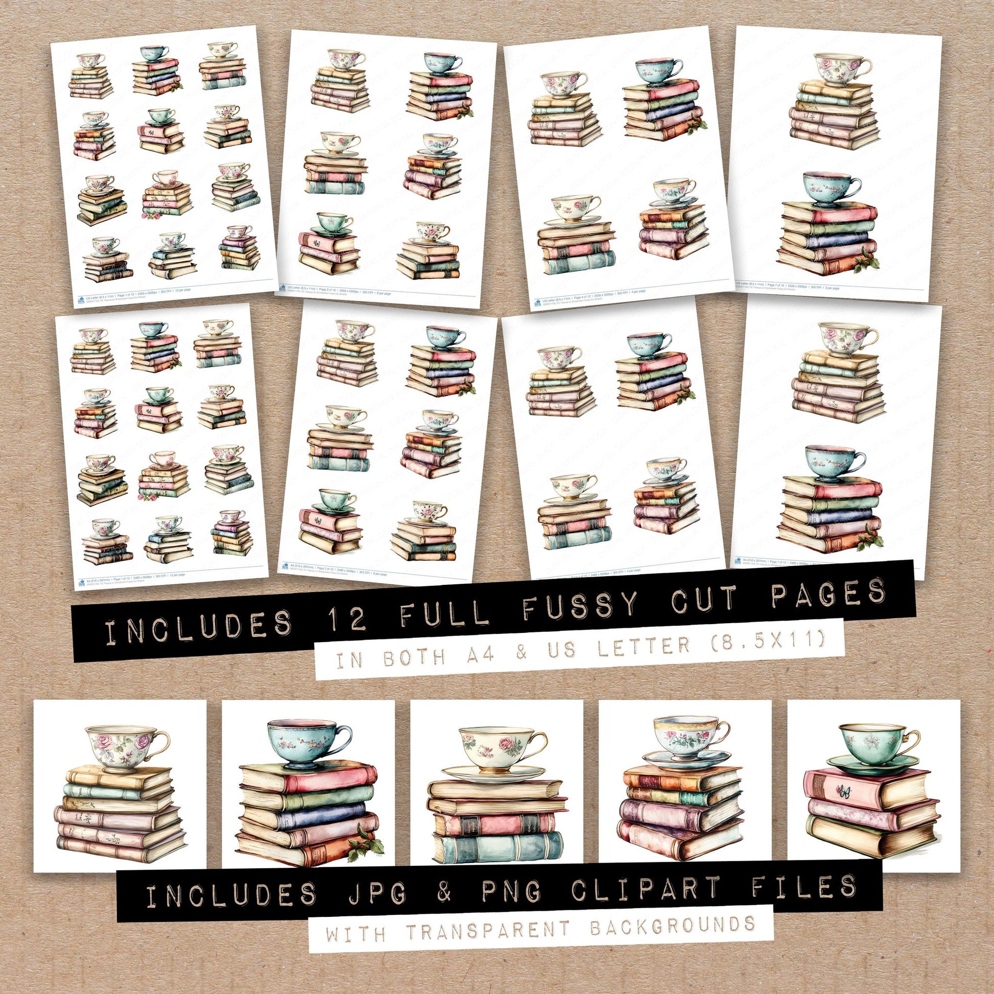 Full collection view of Teacup on Storybooks fussy cut sheets with bonus clipart JPG and PNG files