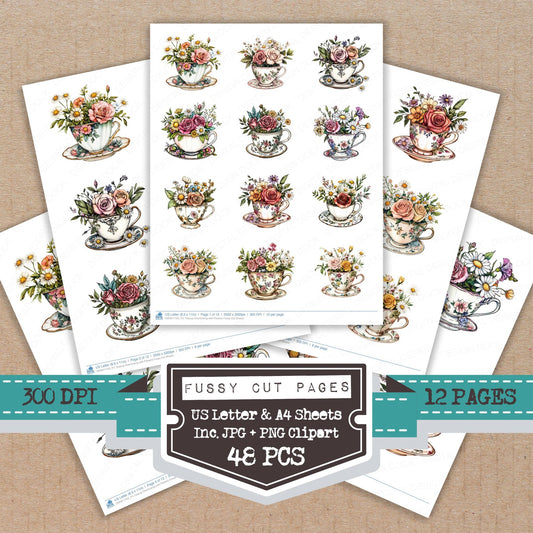 Teacup Overflowing with Flowers fussy cut printable sheets for junk journaling, scrapbooking, and paper craft projects