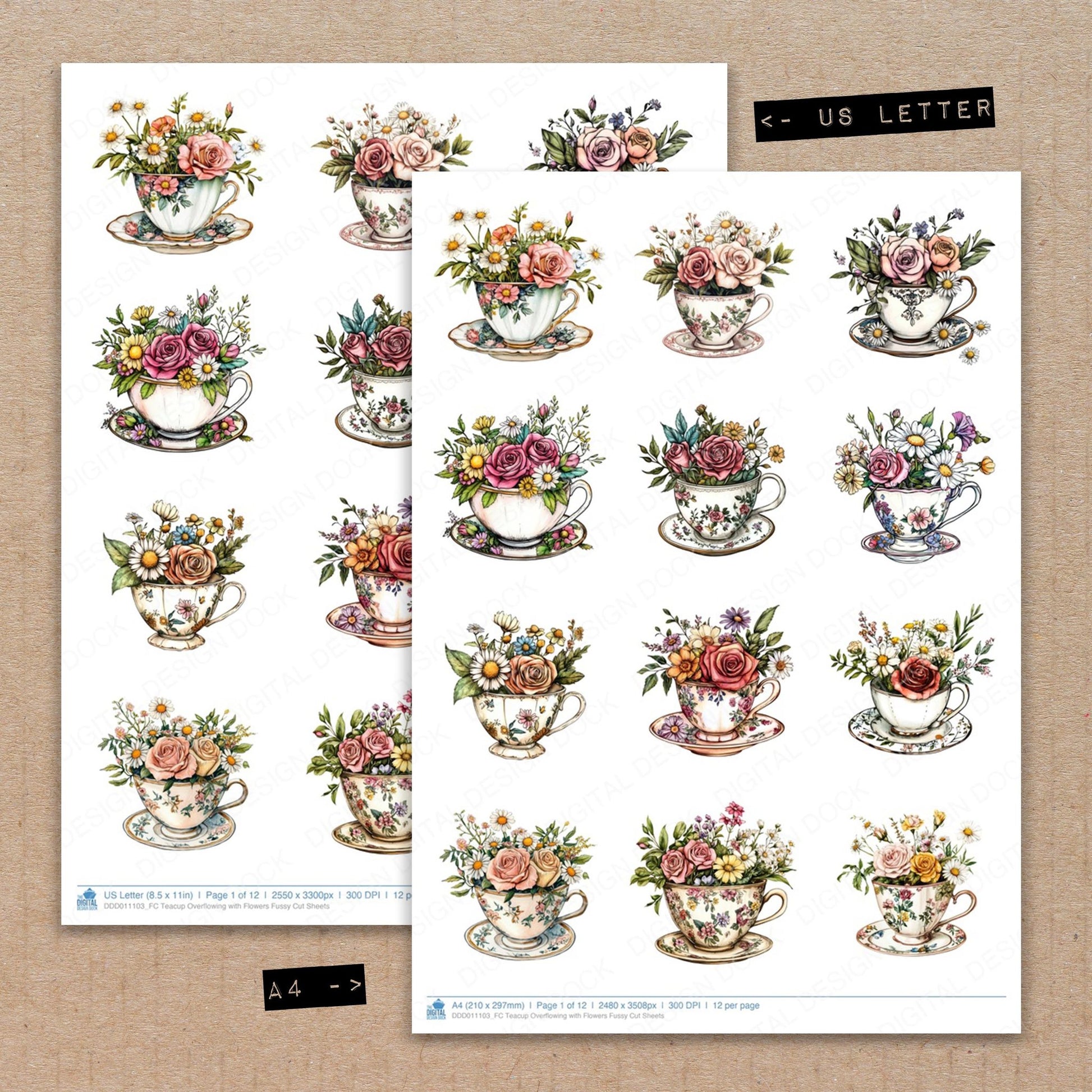 A4 and US Letter format comparison showing Teacup Overflowing with Flowers fussy cut pages for print and cut crafting