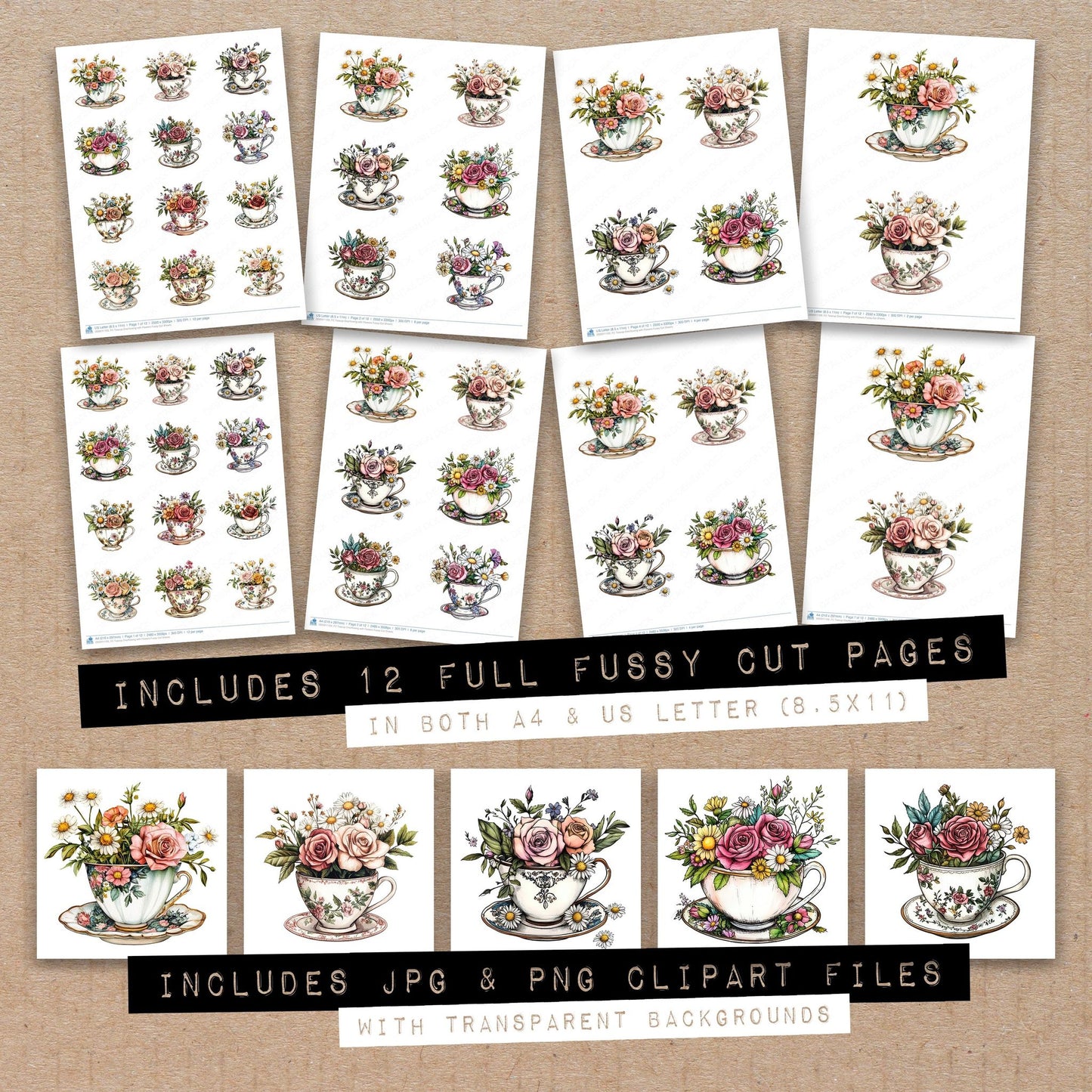 Full collection view of Teacup Overflowing with Flowers fussy cut sheets with bonus clipart JPG and PNG files