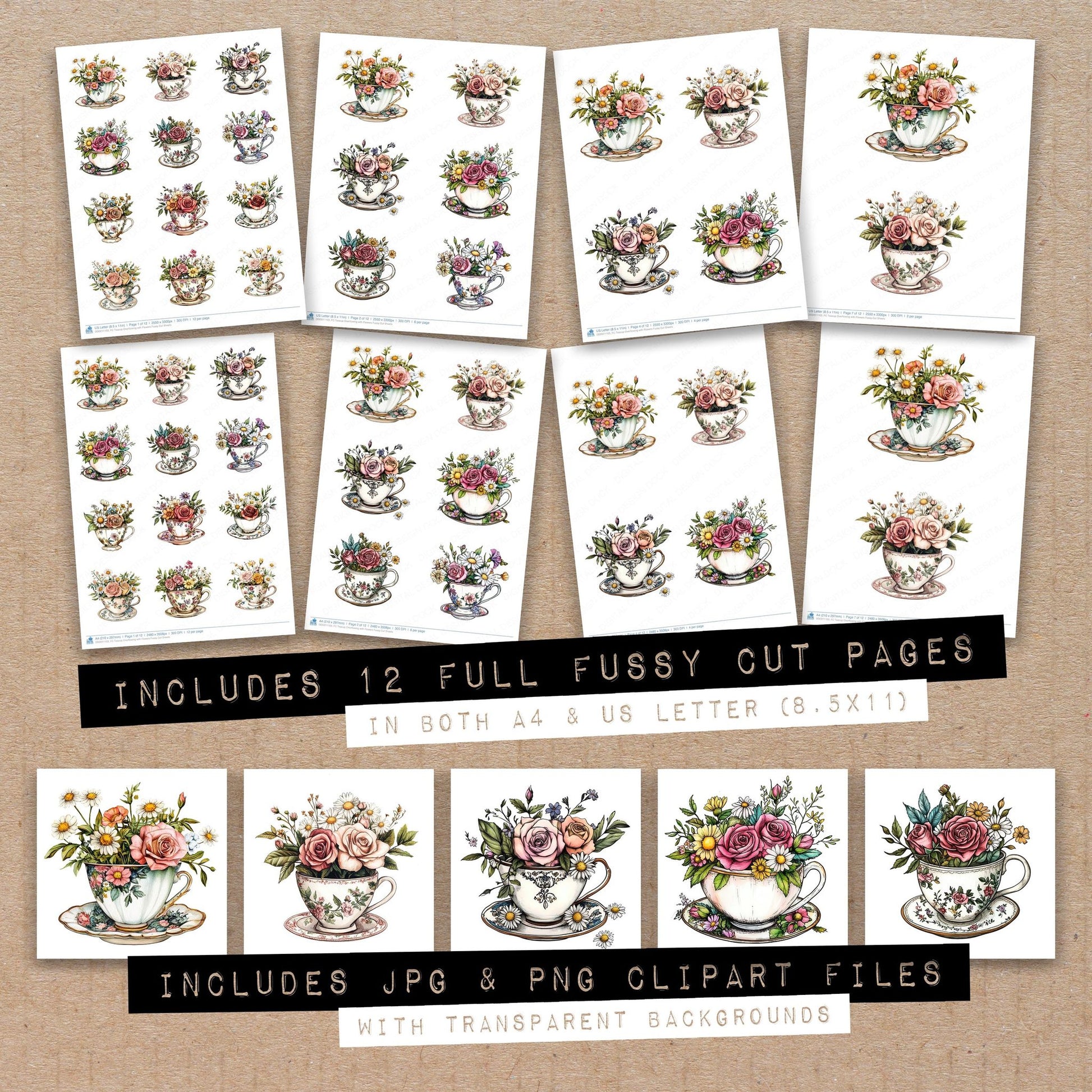 Full collection view of Teacup Overflowing with Flowers fussy cut sheets with bonus clipart JPG and PNG files