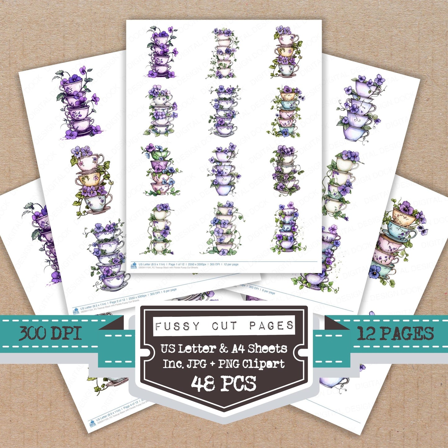 Teacup Stack with Florals fussy cut printable sheets for junk journaling, scrapbooking, and paper craft projects