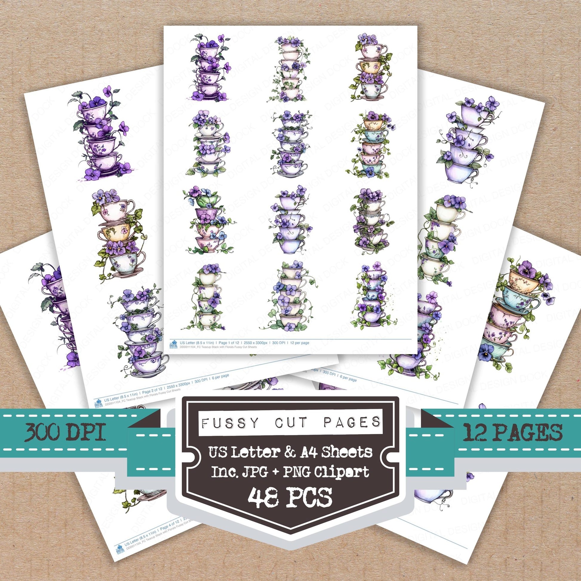 Teacup Stack with Florals fussy cut printable sheets for junk journaling, scrapbooking, and paper craft projects
