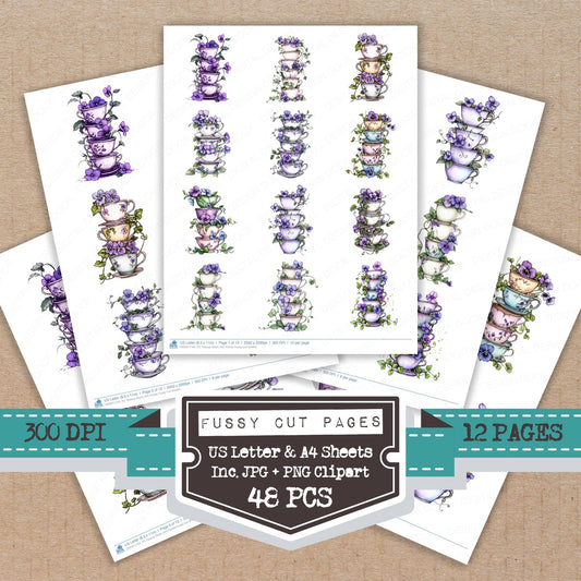 Teacup Stack with Florals fussy cut printable sheets for junk journaling, scrapbooking, and paper craft projects