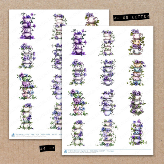 A4 and US Letter format comparison showing Teacup Stack with Florals fussy cut pages for print and cut crafting