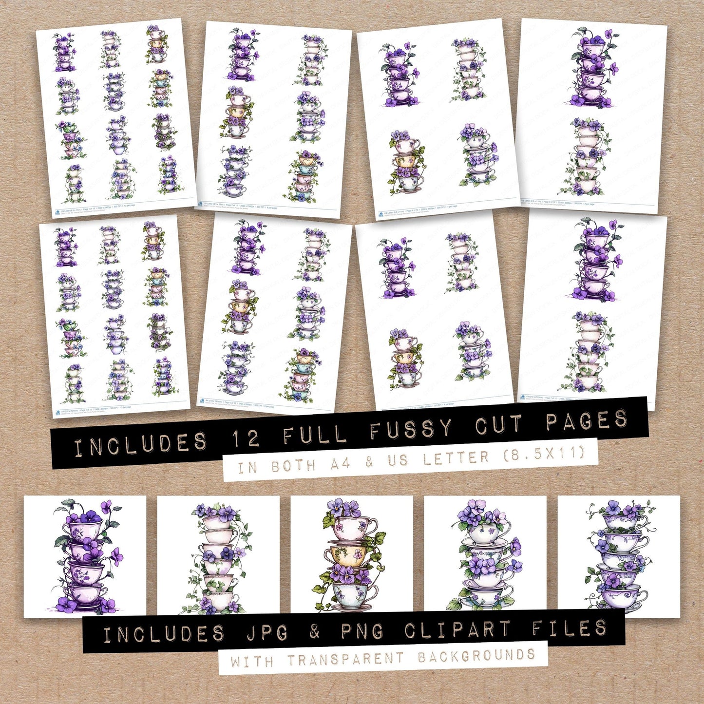 Full collection view of Teacup Stack with Florals fussy cut sheets with bonus clipart JPG and PNG files