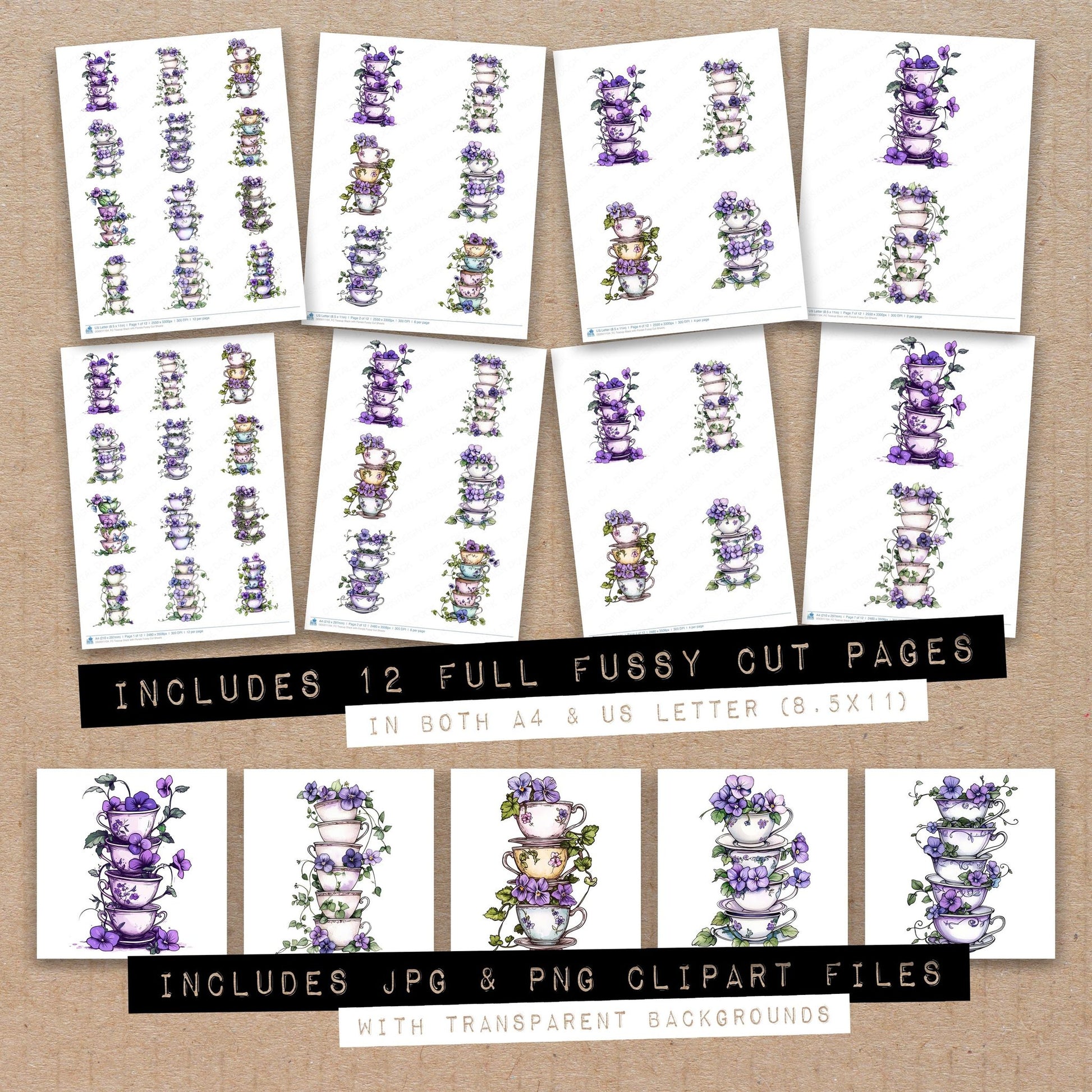 Full collection view of Teacup Stack with Florals fussy cut sheets with bonus clipart JPG and PNG files