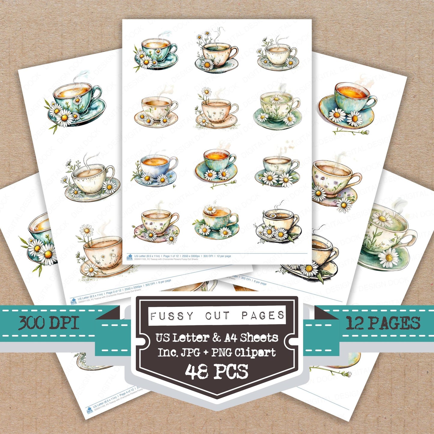 Teacup with Chamomile Flowers fussy cut printable sheets for junk journaling, scrapbooking, and paper craft projects