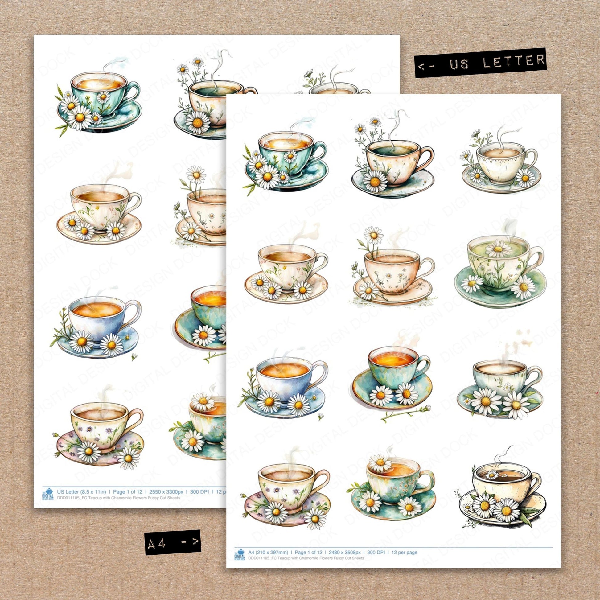 A4 and US Letter format comparison showing Teacup with Chamomile Flowers fussy cut pages for print and cut crafting