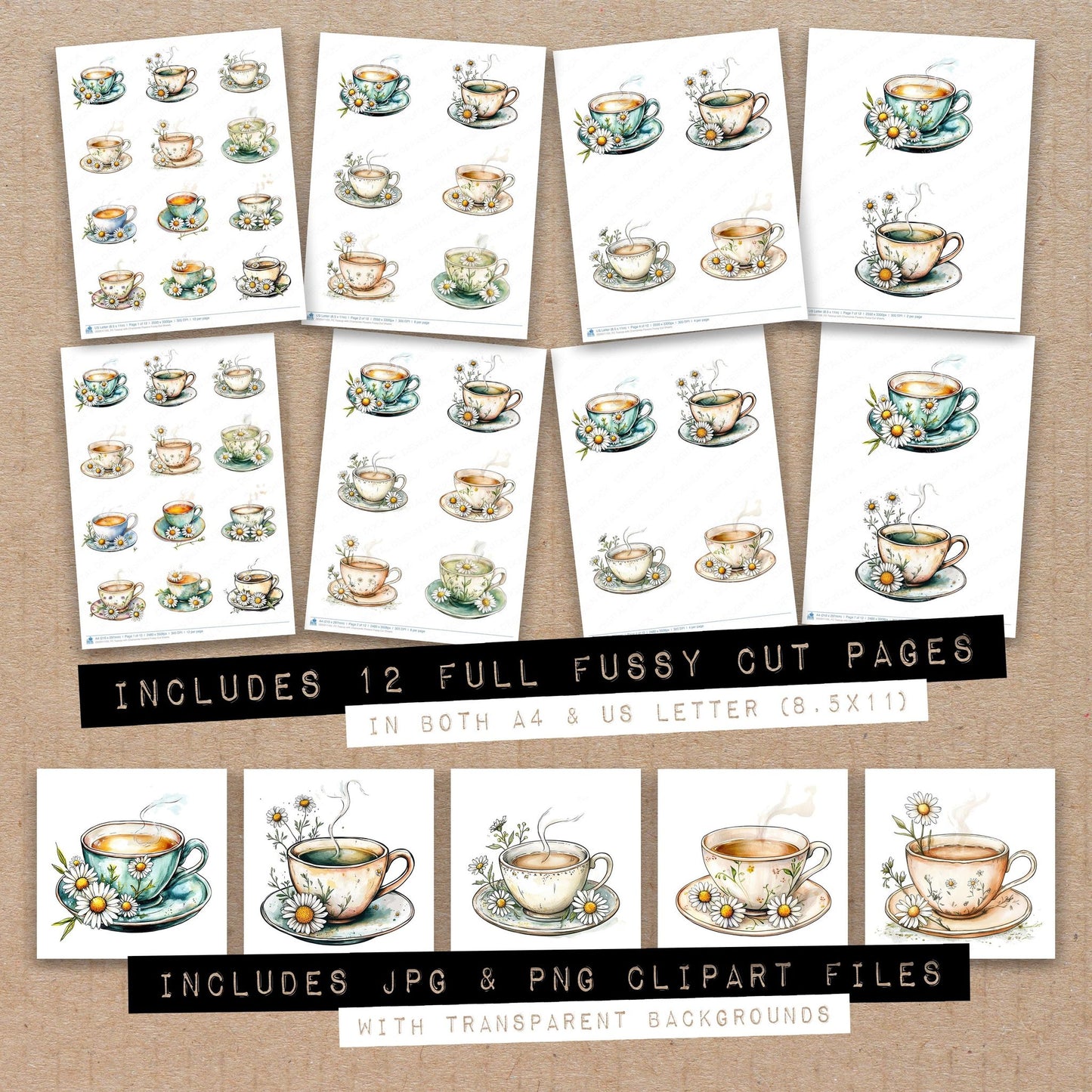 Full collection view of Teacup with Chamomile Flowers fussy cut sheets with bonus clipart JPG and PNG files