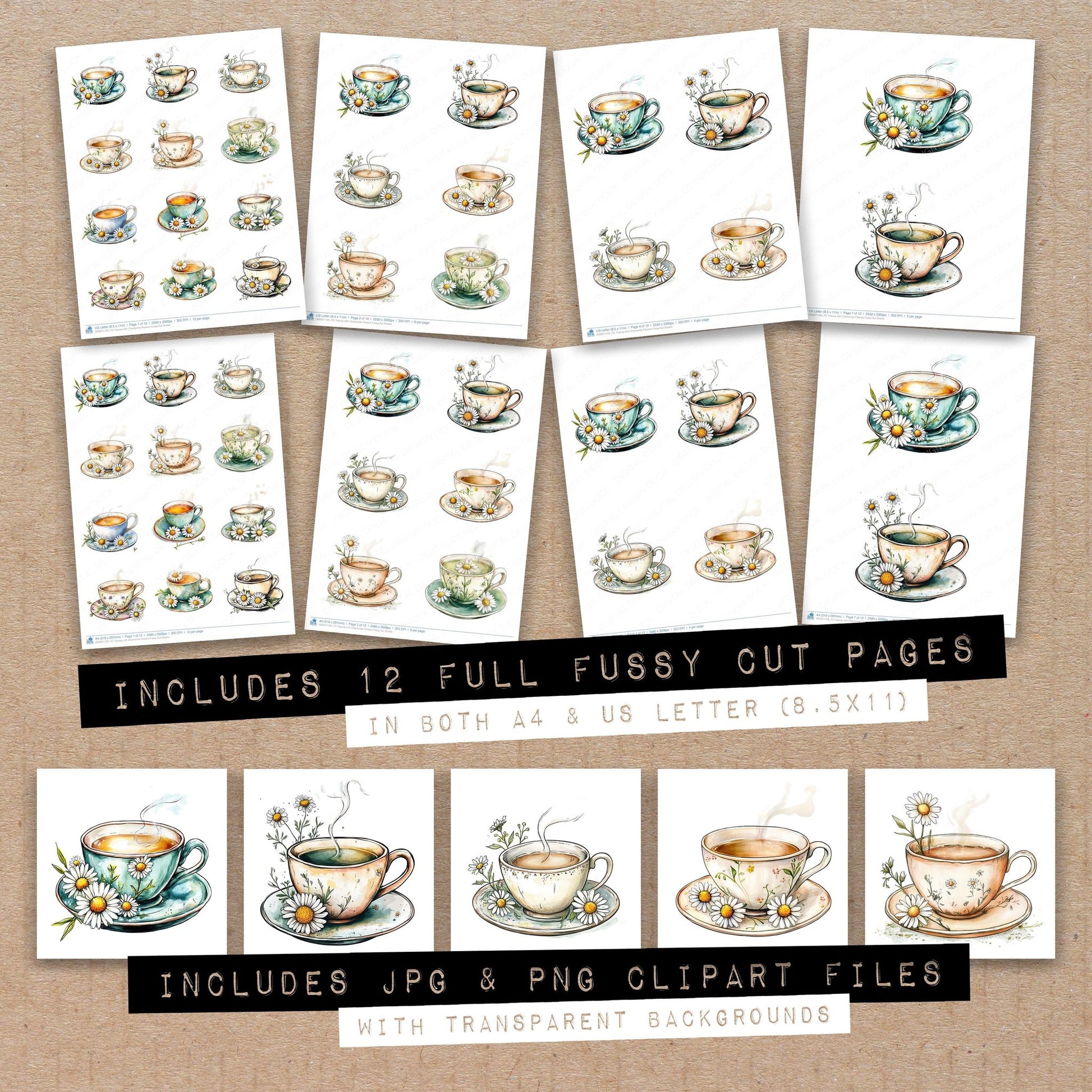 Full collection view of Teacup with Chamomile Flowers fussy cut sheets with bonus clipart JPG and PNG files