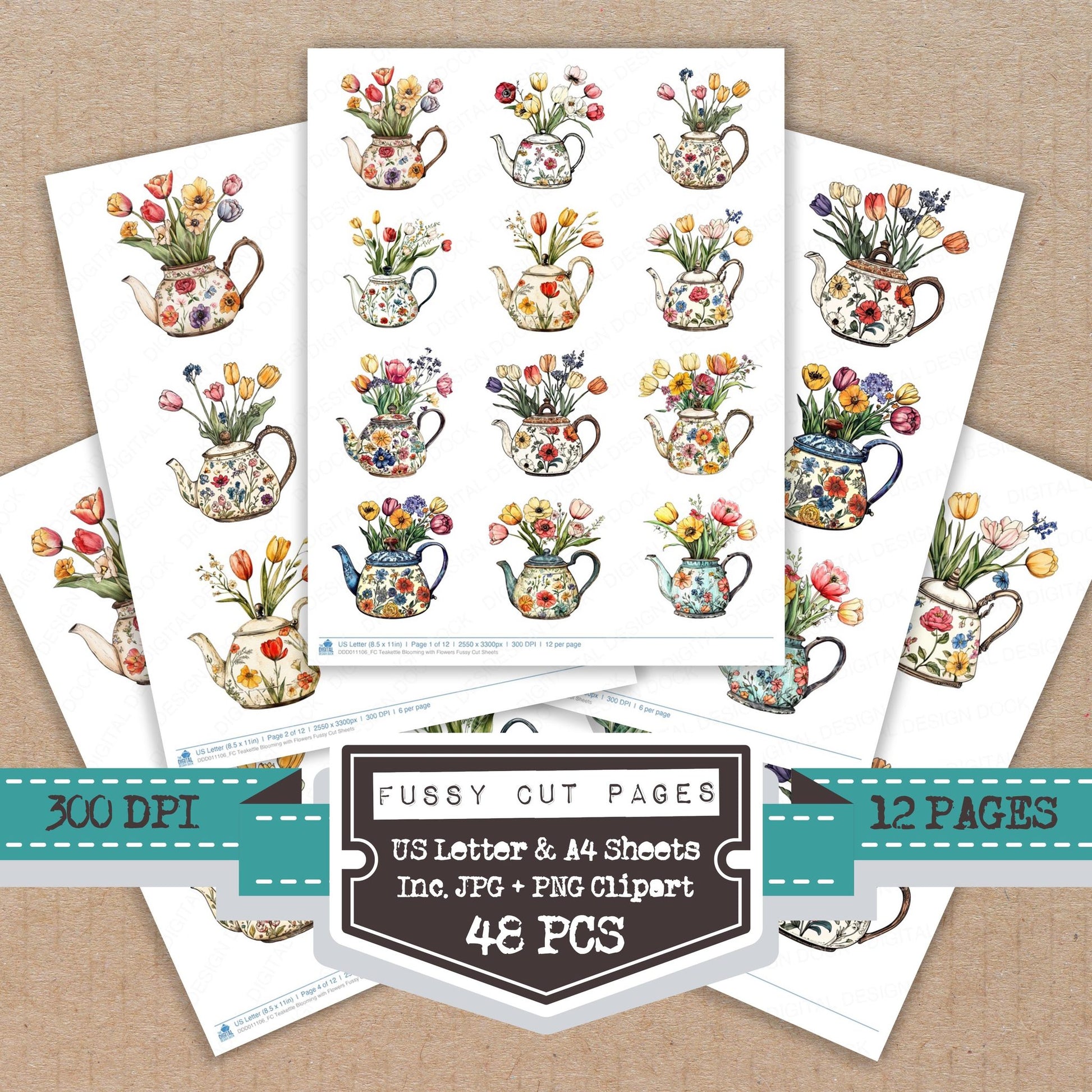 Teakettle Blooming with Flowers fussy cut printable sheets for junk journaling, scrapbooking, and paper craft projects